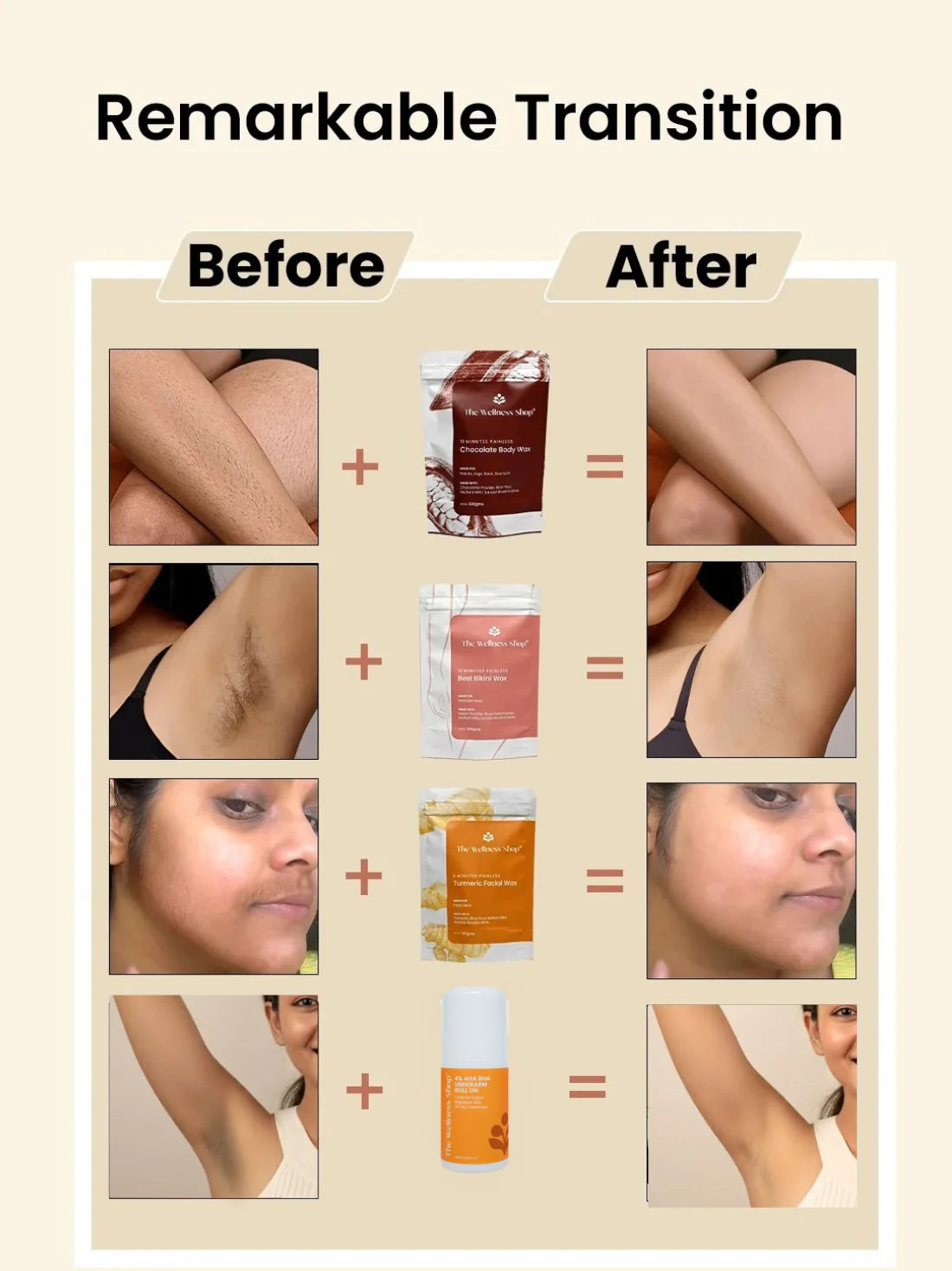 Turmeric Facial Wax+ Bikini Wax Powder+ Chocolate Hair Removal Powder + 4% Aha Bha Underarm Roll On