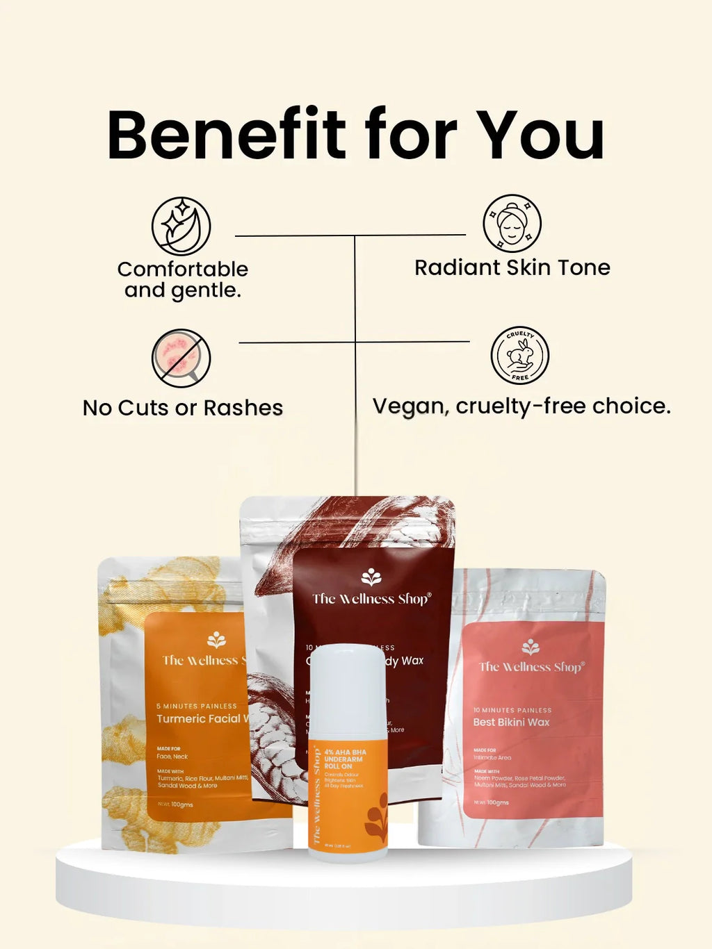 Turmeric Facial Wax+ Bikini Wax Powder+ Chocolate Hair Removal Powder + 4% Aha Bha Underarm Roll On